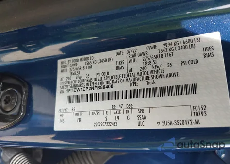 2022 Ford F-150 Xlt из США, поврежденный, VIN 1FTEW1EP2NFB80408